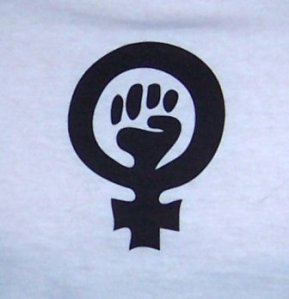 Graphic from cover of Sisterhood is Powerful showing a fist in the center of the symbol for woman.