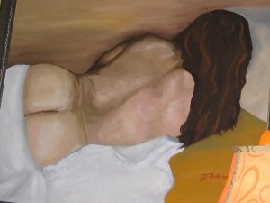 Acrylic color painting of a person sleeping on their belly, turned away from the viewer. A sheet is pulled across their legs and long dark hair falls across the pillow. Caption provided on flickr.com reads: acrylic on canvas painting of sleeping androgynous nude. by afewfigsstudio.