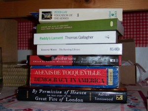 The latest haul from the dollar carts at brookline booksmith and Brattle Book Store; photo by Anna, 2 May 2010.